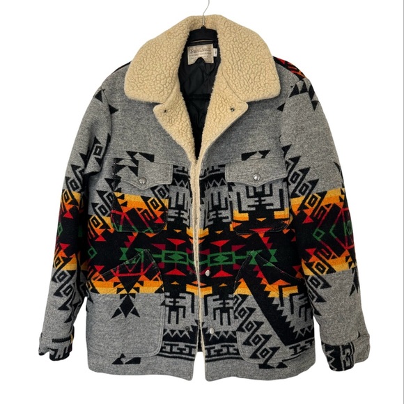 70s Pendleton High Grade‎ Navajo Blanket Jacket Mens M Wool Sherpa Aztec Western